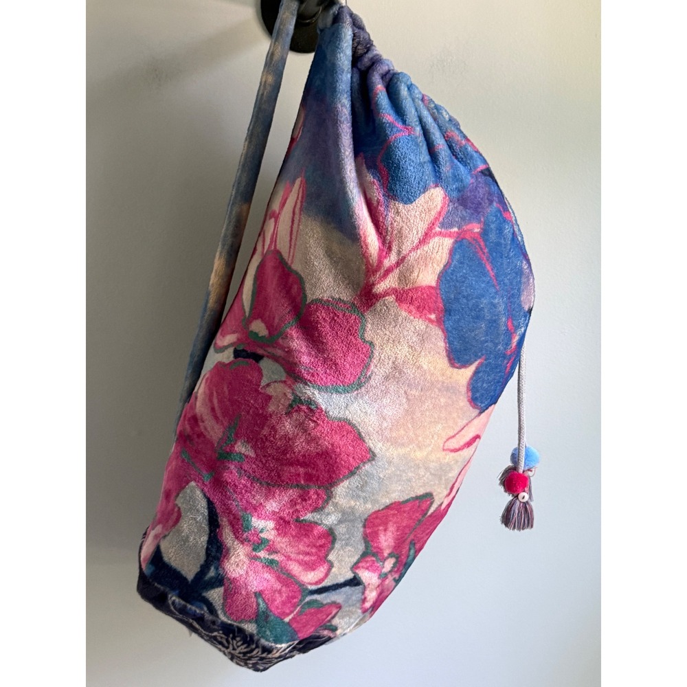 Johnny Was Floral Velvet Drawstring Bag Blue Pink Plush Tassel NWT Boho Tote - Picture 2 of 3